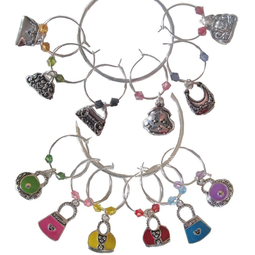 Wine Glass Charms Charmers Markers Set 12 Colorful Handbags Purses Bags Barware